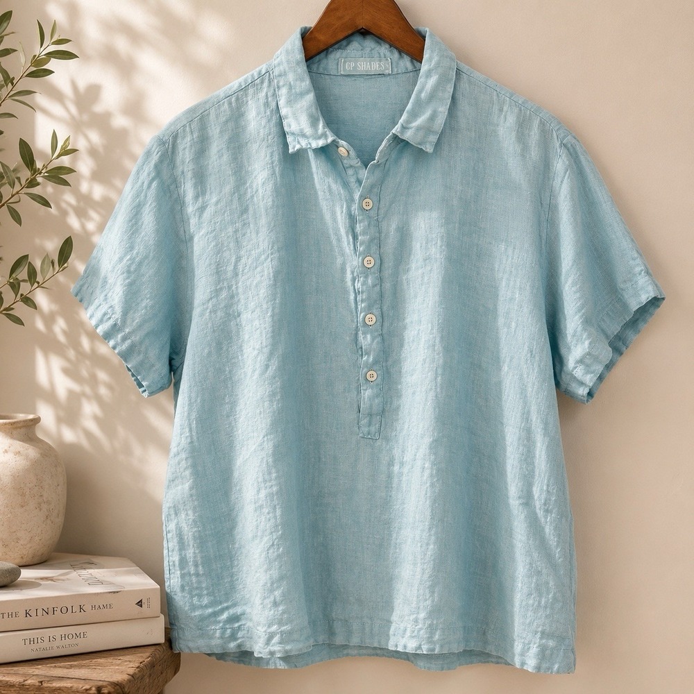 CP Shades Shirt XL 100% Linen Aqua Blue Pullover Made USA Short Sleeve